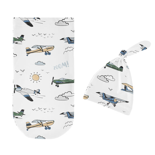 Airplane Green and Blue Collection Baby Cocoon and Beanie Hat - 2 Piece Set