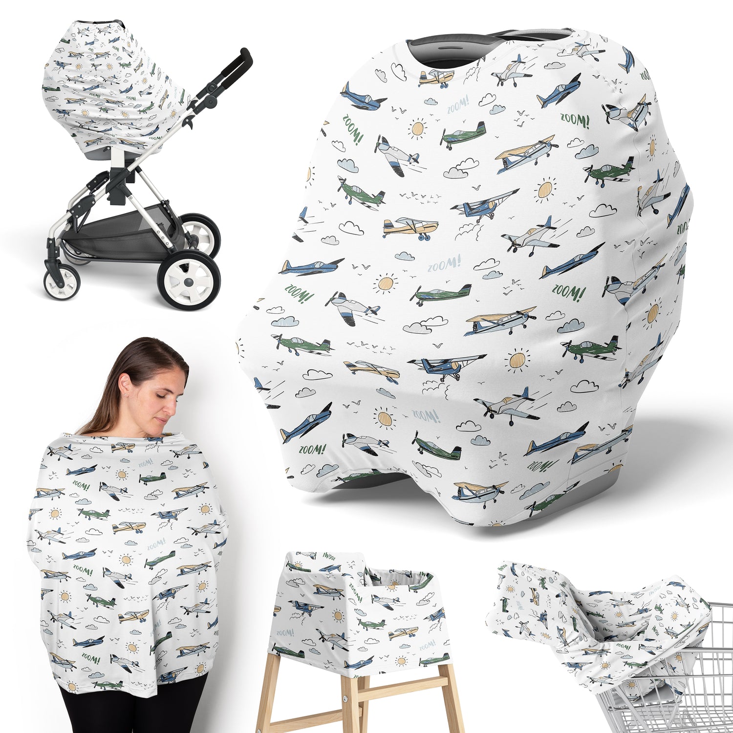Airplane Green and Blue Collection Multi Use Baby Car Seat and Nursing Cover
