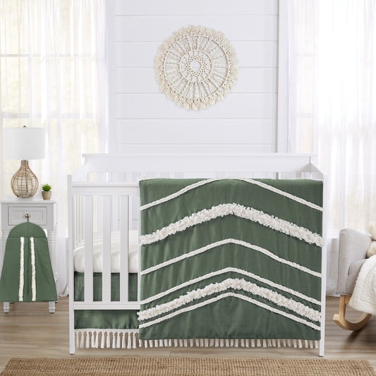 Boho Fringe Dark Green and Ivory Collection Crib Bed Skirt