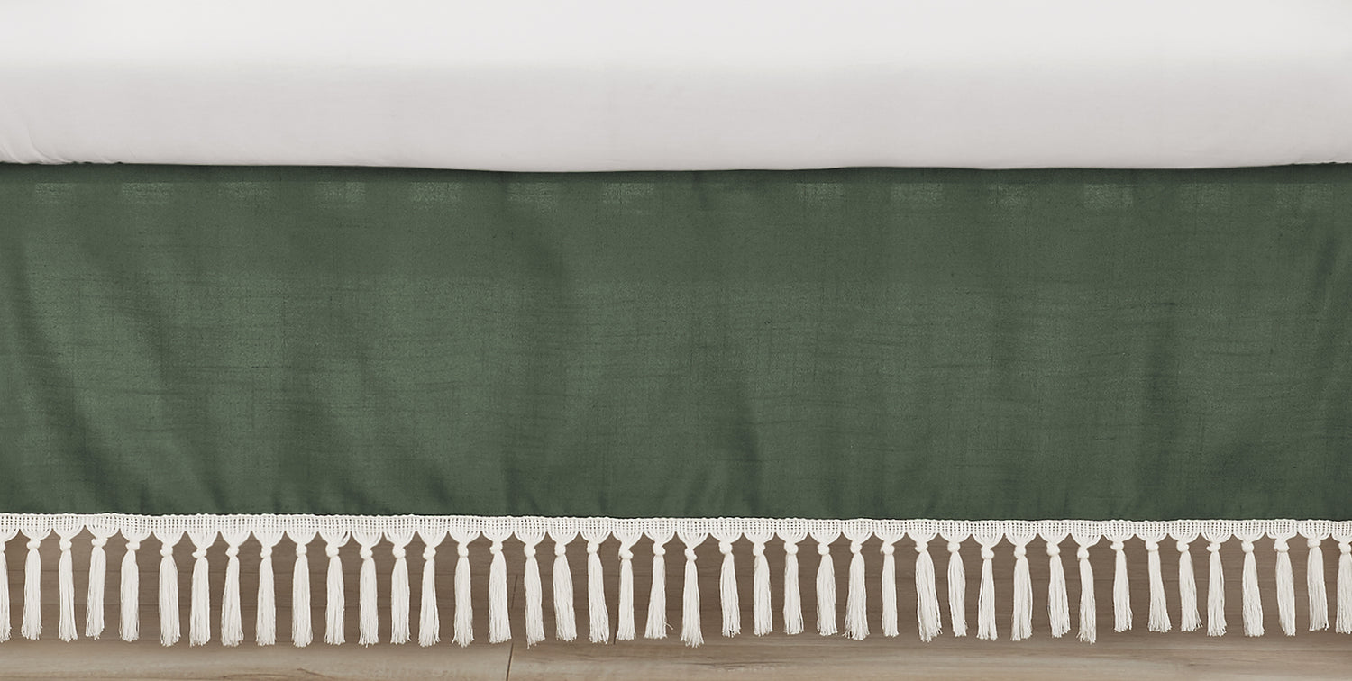 Boho Fringe Dark Green and Ivory Collection Crib Bed Skirt