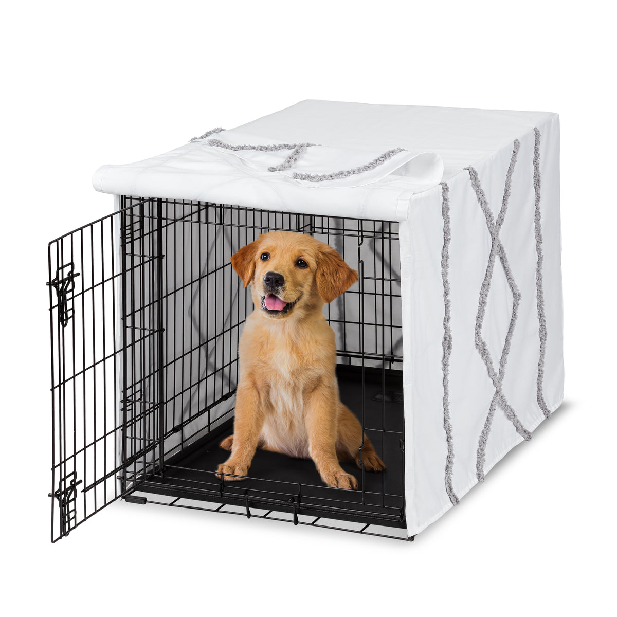 Boho Fringe White and Grey Collection Dog Crate Kennel Cover 36in.