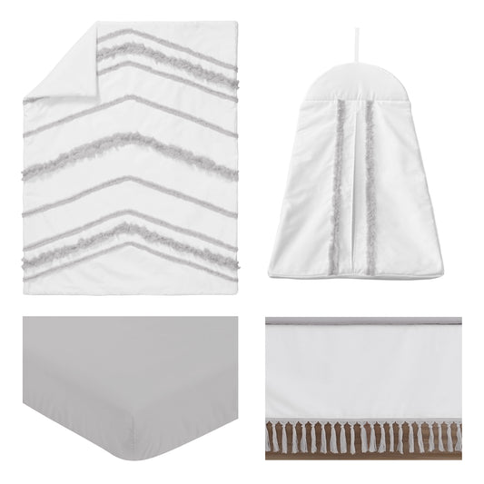Boho Fringe White and Grey Collection 4 Piece Crib Bedding