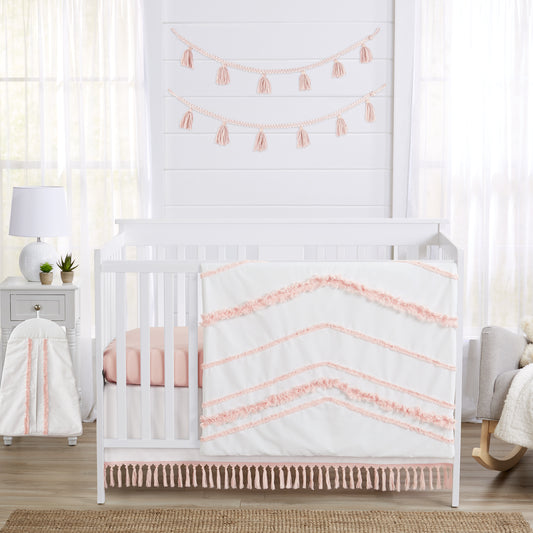 Boho Fringe White and Pink Collection Crib Bed Skirt