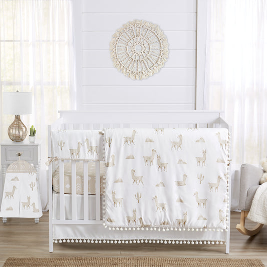Boho Llama Collection White Pom Pom Crib Bed Skirt