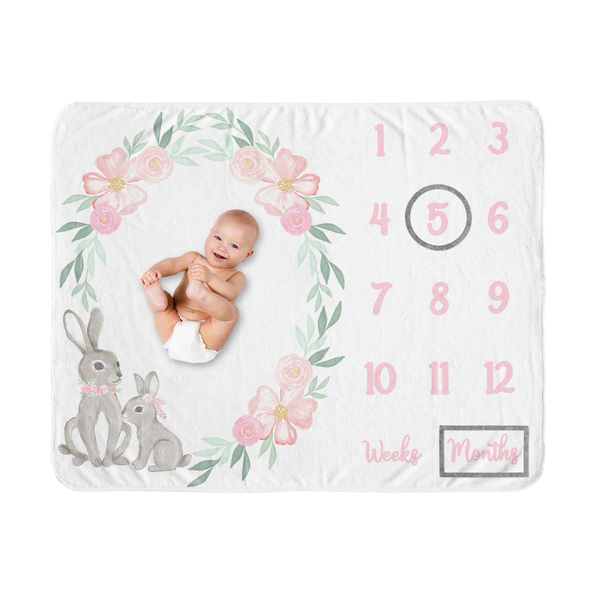 Bunny Floral Collection Monthly Milestone Baby Blanket