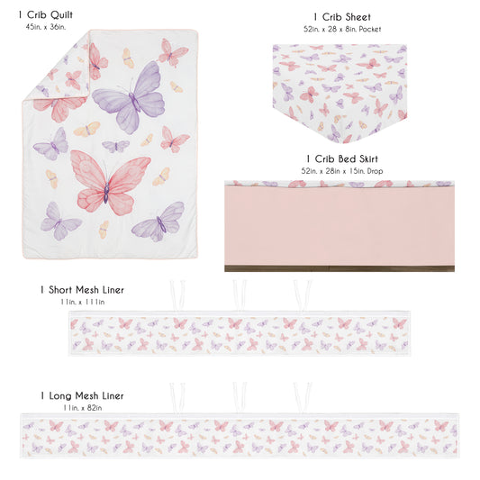 Butterfly Blush Pink and Purple Collection Sweet Jojo Designs 5 Piece Crib Bedding + BreathableBaby Breathable Mesh Liner