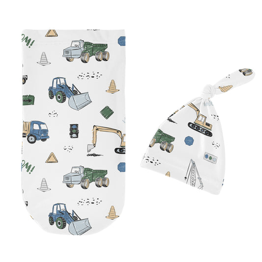 Construction Truck Green and Blue Collection Baby Cocoon and Beanie Hat - 2 Piece Set