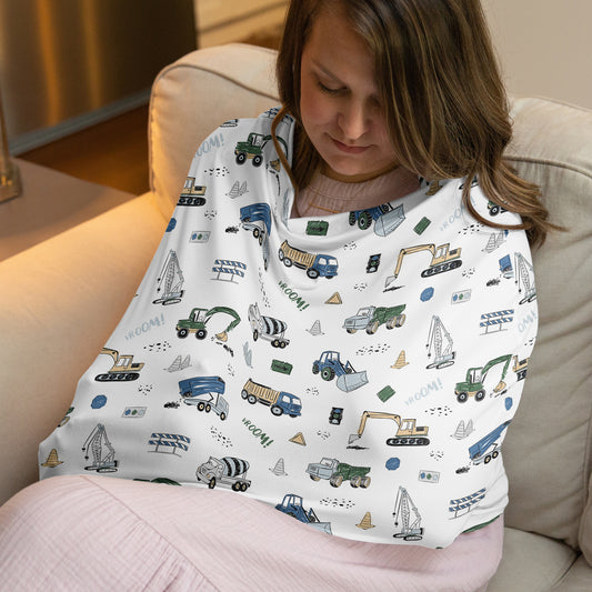 Construction Truck Green and Blue Collection Multi Use Baby Car Seat and Nursing Cover