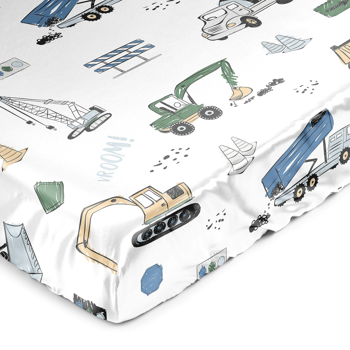 Construction Truck Green and Blue Collection Satin Fitted Crib Sheet