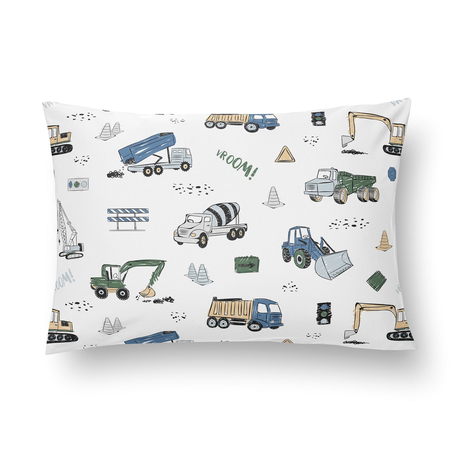 Construction Truck Green and Blue Collection Toddler Pillow with Pillowcase