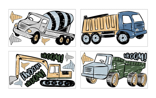Construction Truck Green and Blue Collection Peel and Stick Wall Decal Stickers - Set of 4 Sheets