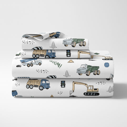 Construction Truck Green and Blue Collection Queen Sheet Set