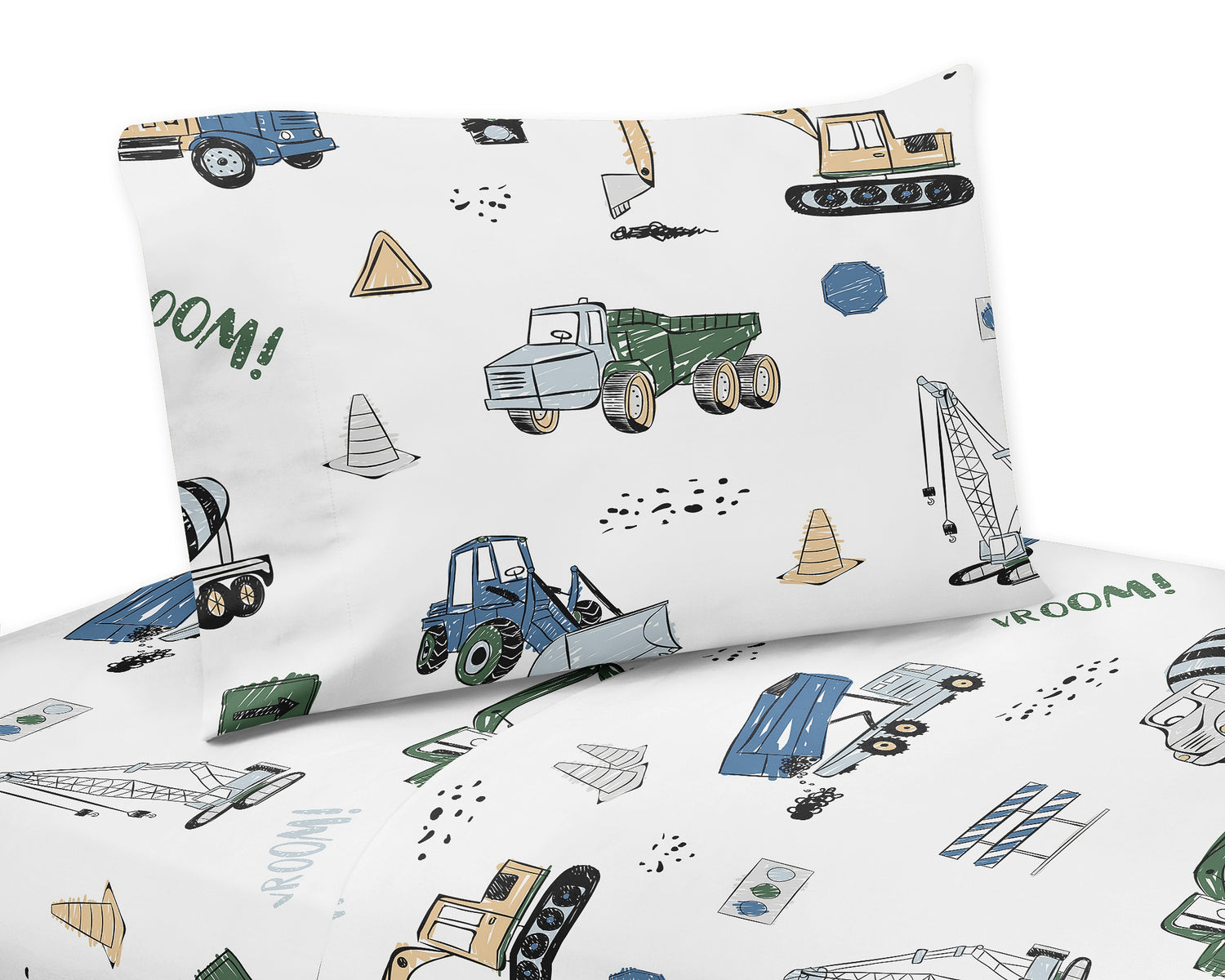 Construction Truck Green and Blue Collection Queen Sheet Set