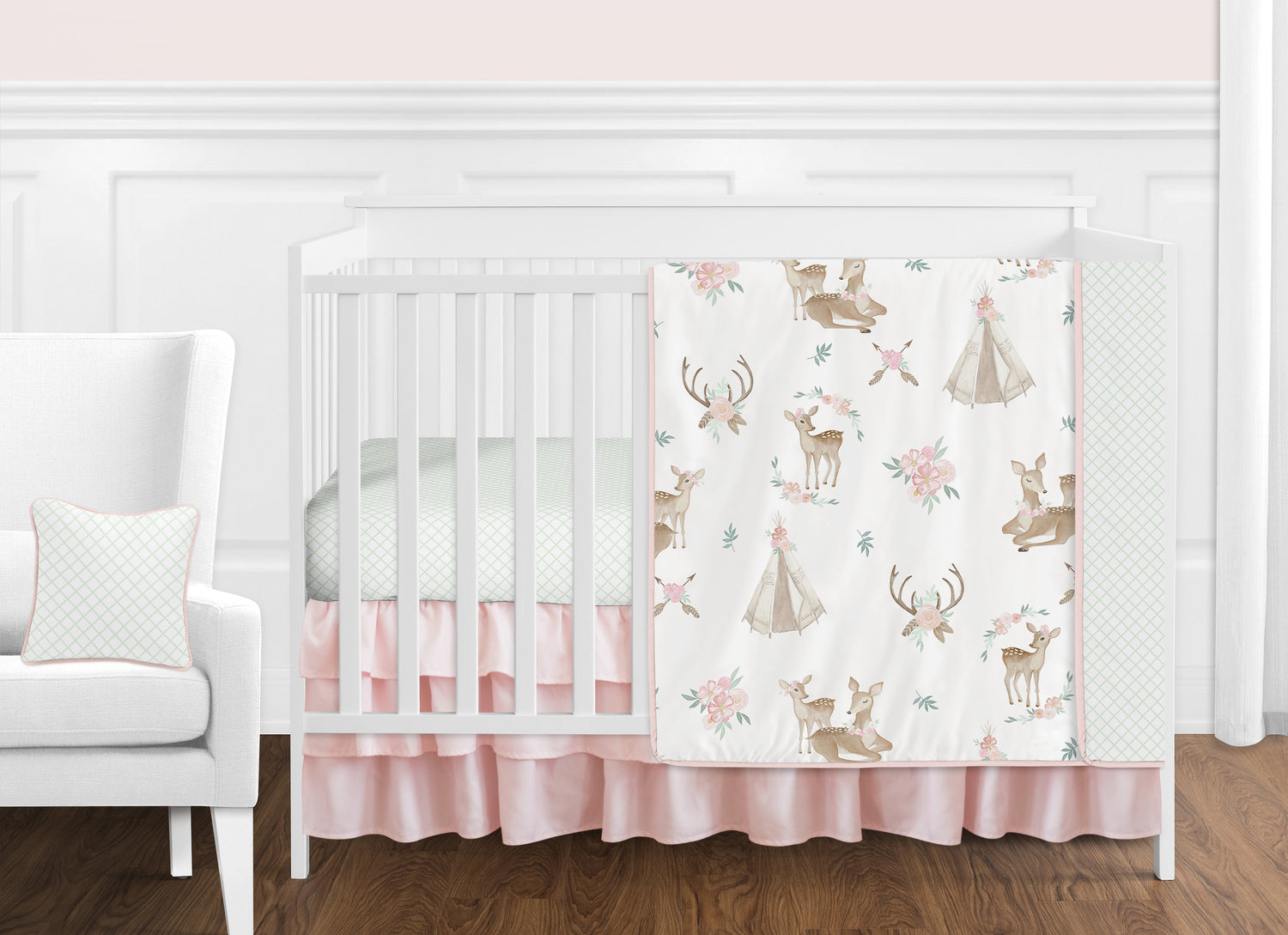 Deer Floral Collection 11 Piece Bumperless Crib Bedding