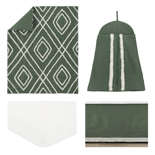 Diamond Tuft Dark Sage Green and Ivory Collection 4 Piece Crib Bedding