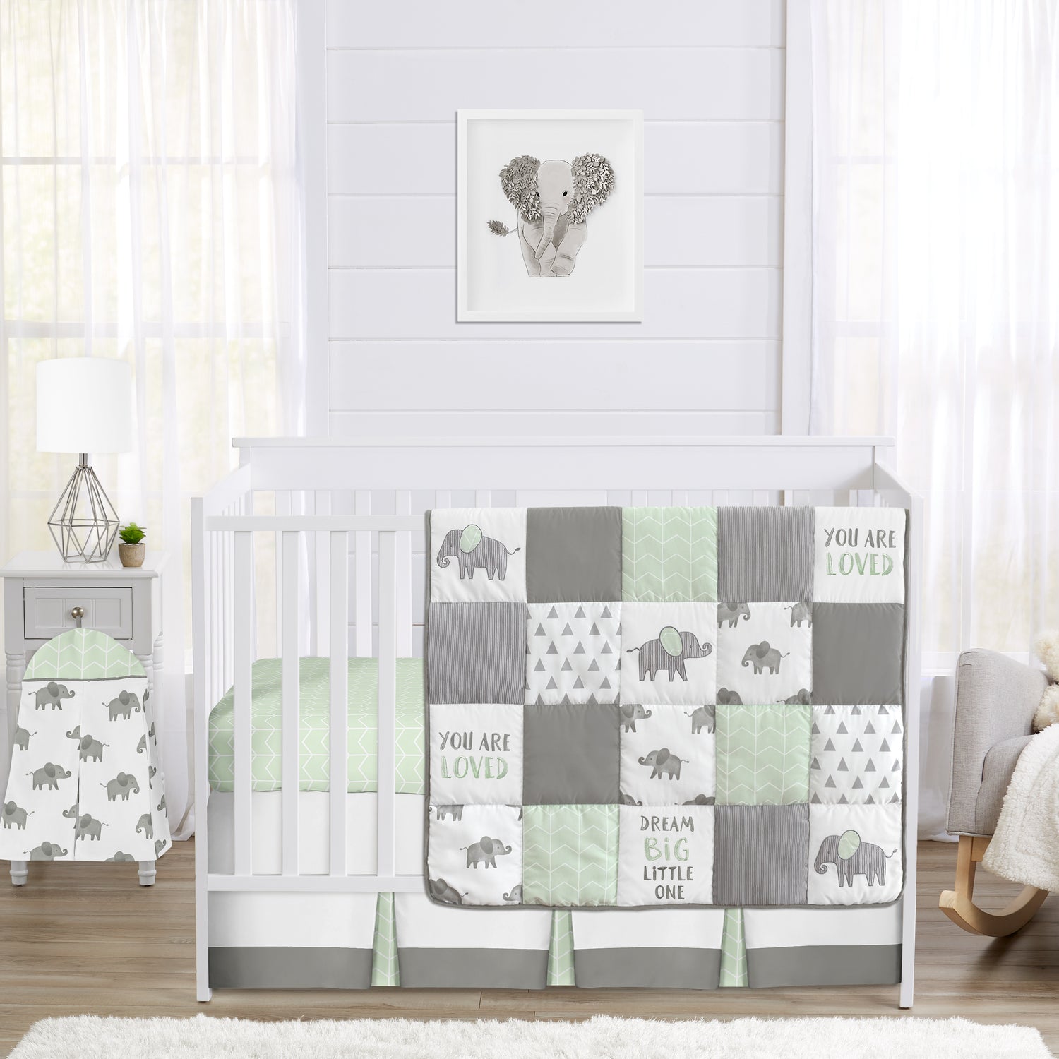 Elephant Grey And Mint Collection 4 Piece Crib Bedding