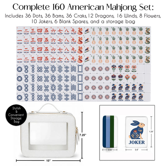 Navy Blue Folk Collection American Mahjong Tile Set (160pc) 1.24in. Layered Acrylic with White Faux Leather Travel Bag