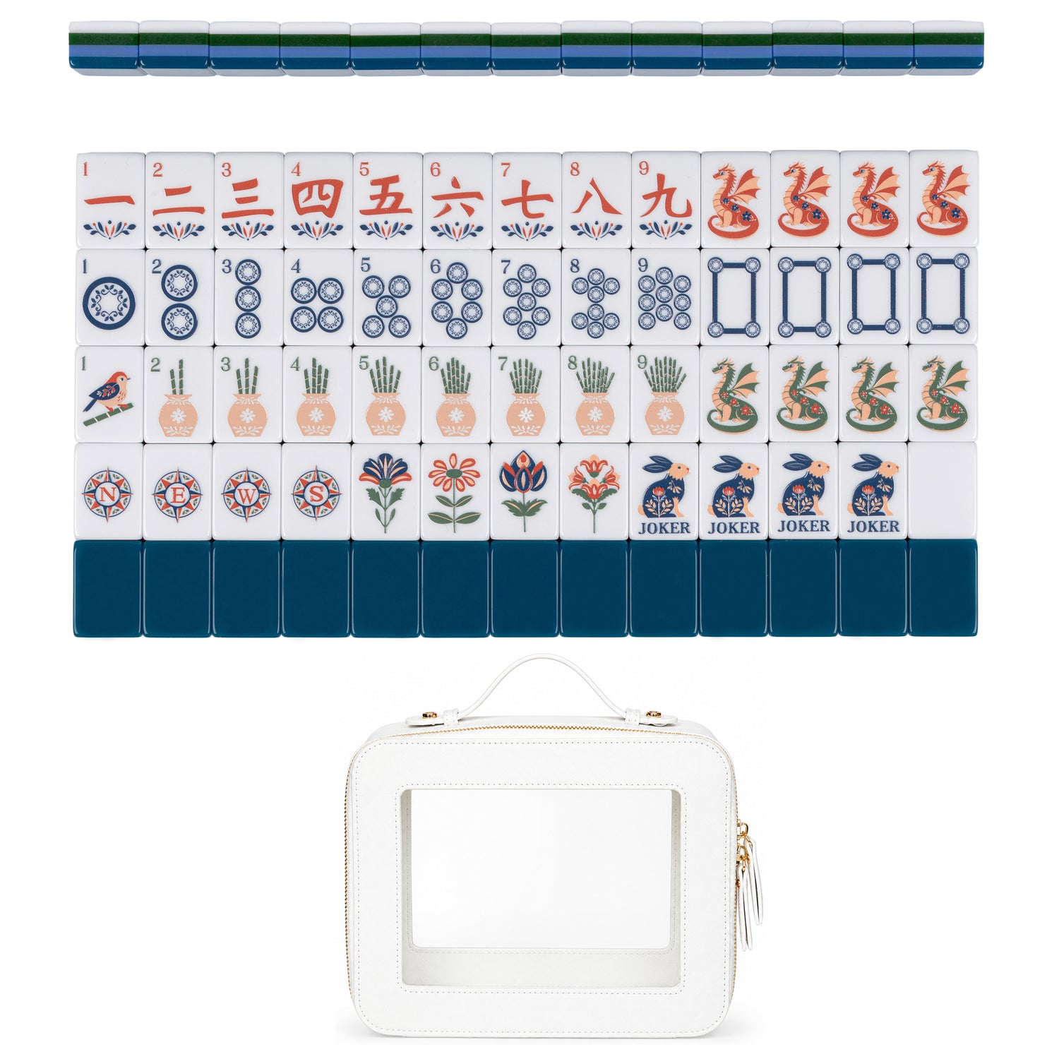 Navy Blue Folk Collection American Mahjong Tile Set (160pc) 1.24in. Layered Acrylic with White Faux Leather Travel Bag