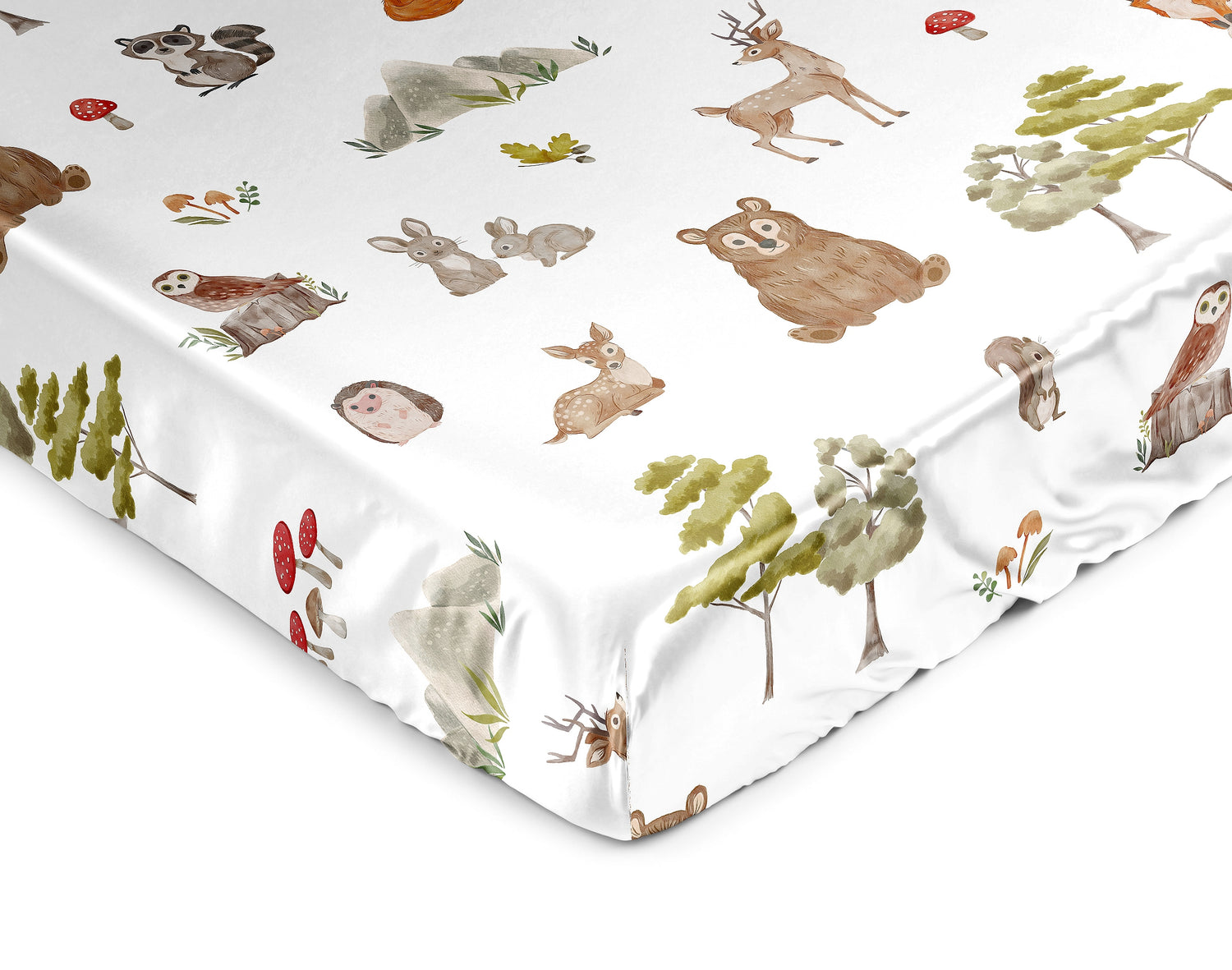 Watercolor Woodland Forest Animals Satin Fitted Crib Sheet