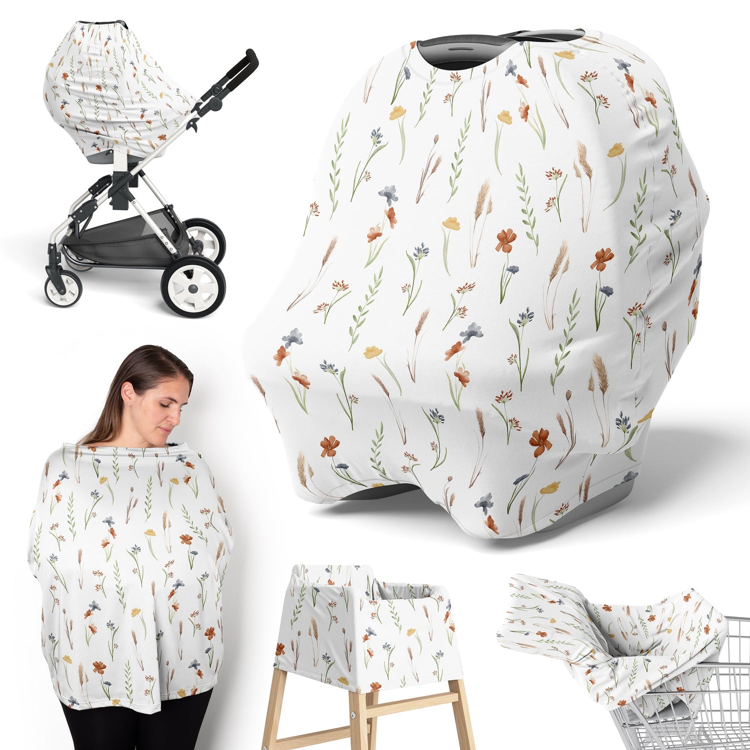 Watercolor Floral Garden Sage Green Collection Multi Use Baby Car Seat and Nursing Cover