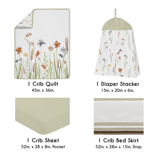 Watercolor Floral Garden Sage Green Collection 4 Piece Crib Bedding
