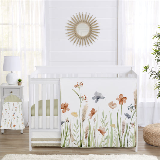 Watercolor Floral Garden Sage Green Collection Solid Ivory and Beige Fringe Crib Bed Skirt