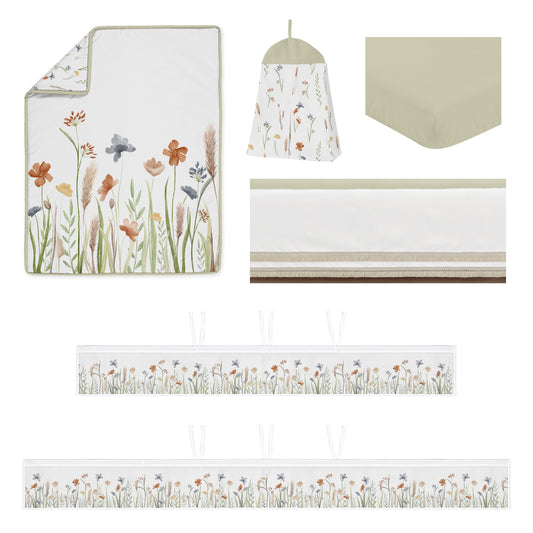 Watercolor Floral Garden Sage Green Collection Sweet Jojo Designs 6 Piece Crib Bedding + BreathableBaby Breathable Mesh Liner