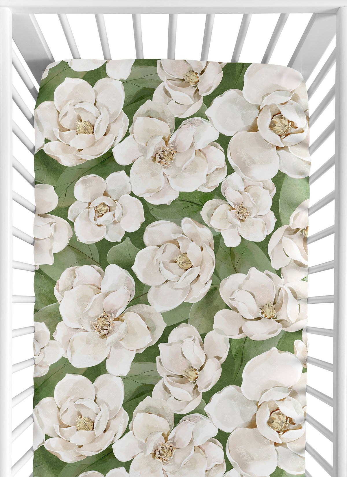 Watercolor Magnolia Sage Green and Ivory Collection Crib Sheet