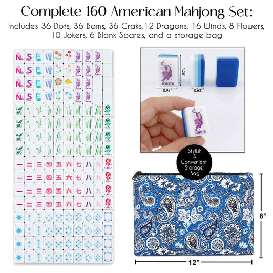American Mahjong Tile Set (160pc) 1.26in. Layered Acrylic with Paisley Travel Bag - Luxury Blue