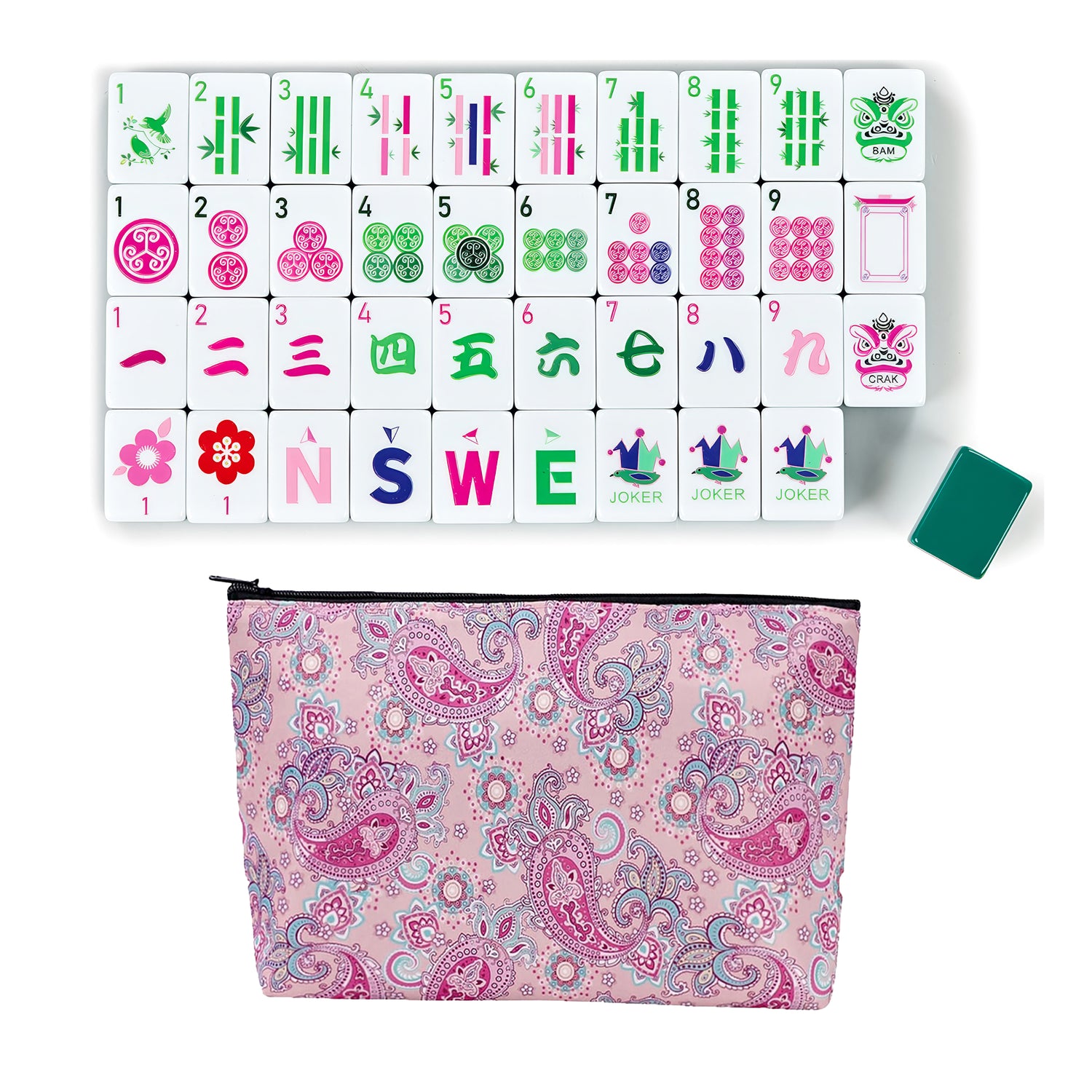 American Mahjong Tile Set (160pc) 1.26in. Layered Acrylic with Paisley Travel Bag - Luxury Green & Pink