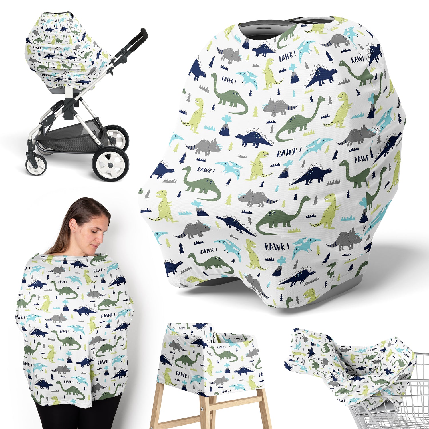 Mod Dinosaur Blue and Green Multi Use Baby Car Seat and Nursing Cover