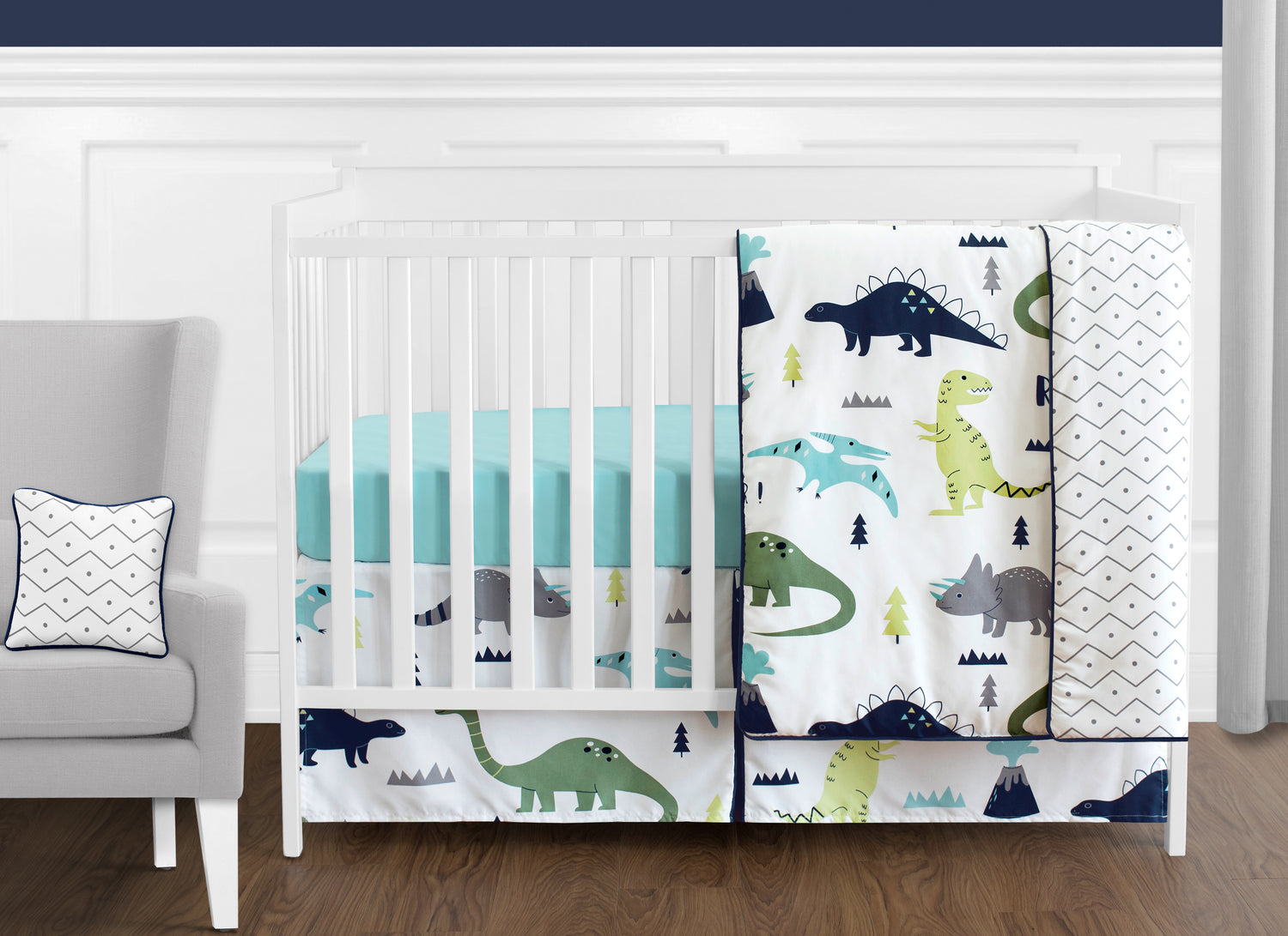 Mod Dinosaur Blue and Green 11 Piece Bumperless Crib Bedding Collection