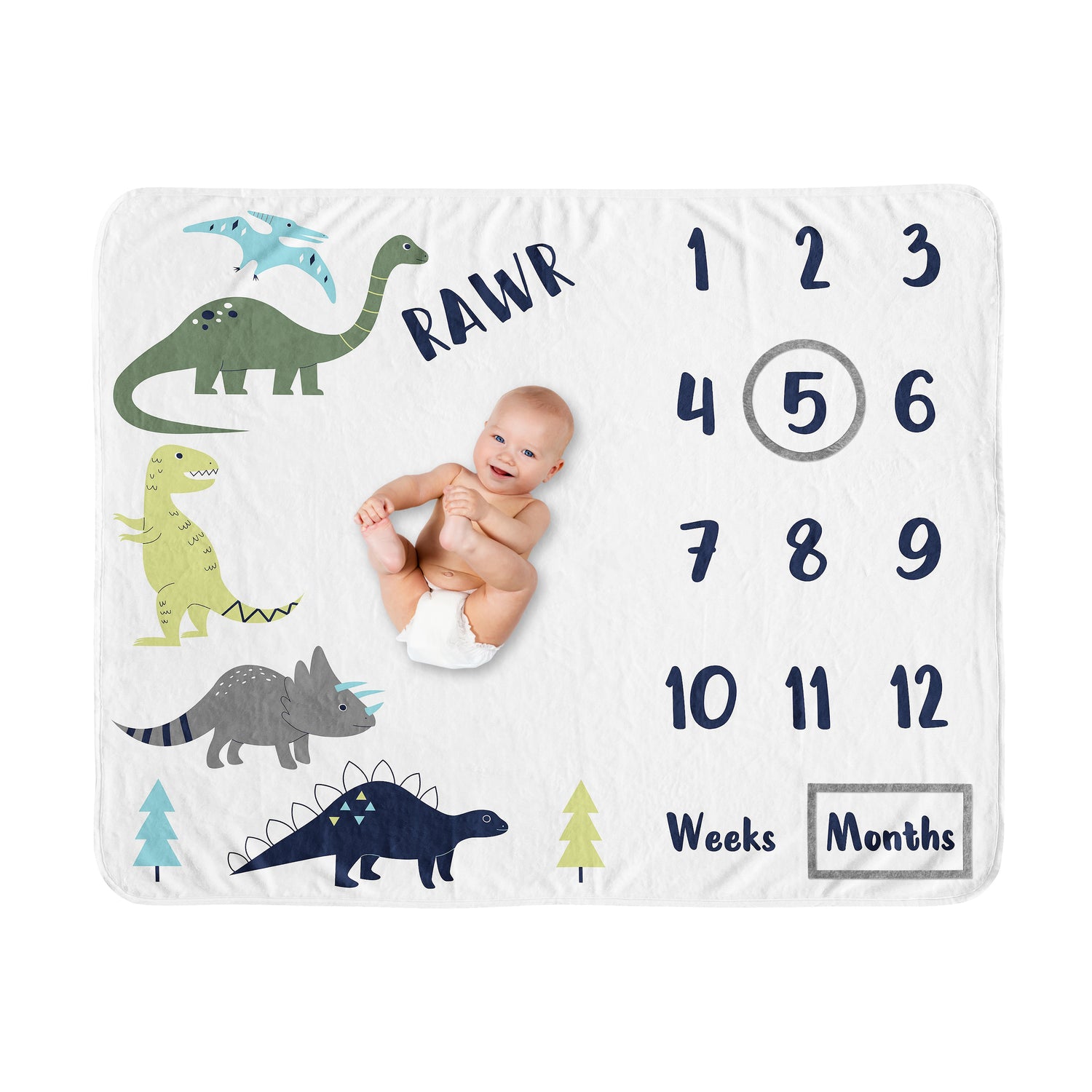 Mod Dinosaur Blue And Green Collection Monthly Milestone Baby Blanket