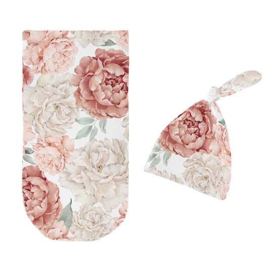 Peony Floral Garden Pink and Ivory Collection Baby Cocoon and Beanie Hat - 2 Piece Set