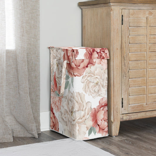 Peony Floral Garden Pink and Ivory Collection Laundry Hamper with Handles