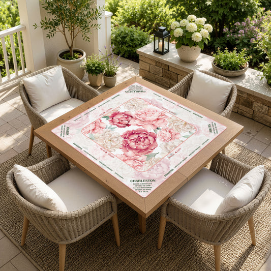 Peony Floral Garden Pink & Ivory Collection Mahjong Mat for Table with Rules - Shipped Rolled