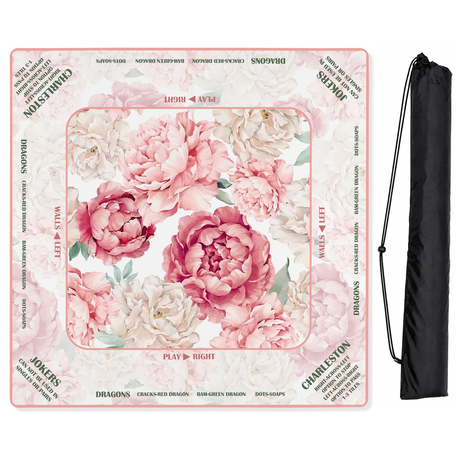 Peony Floral Garden Pink & Ivory Collection Mahjong Mat for Table with Rules - Shipped Rolled