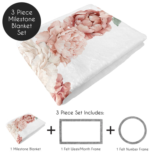Peony Floral Garden Pink and Ivory Collection Monthly Milestone Baby Blanket