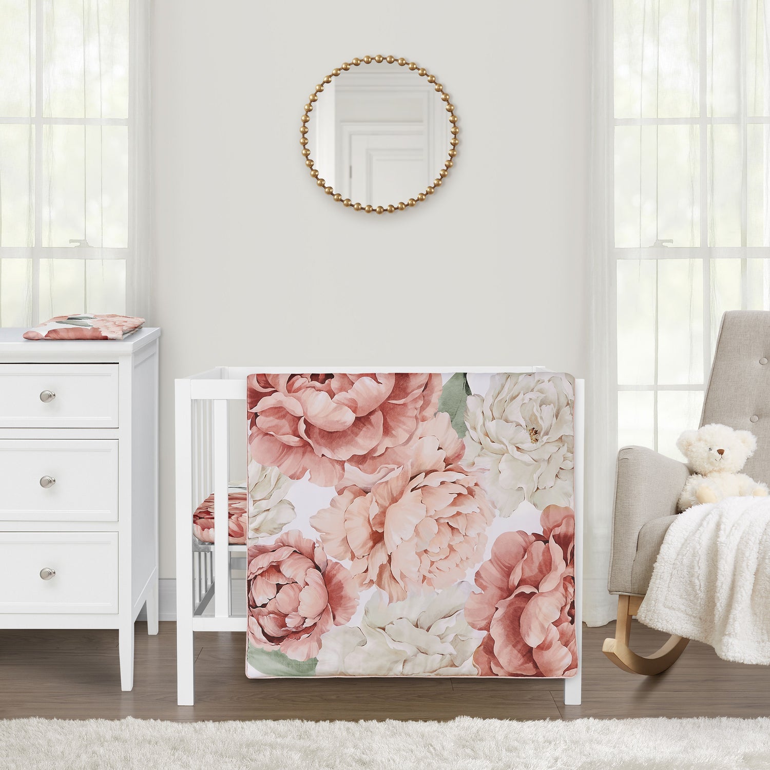 Peony Floral Garden Pink and Ivory Collection 3 Piece Mini Crib Bedding Set