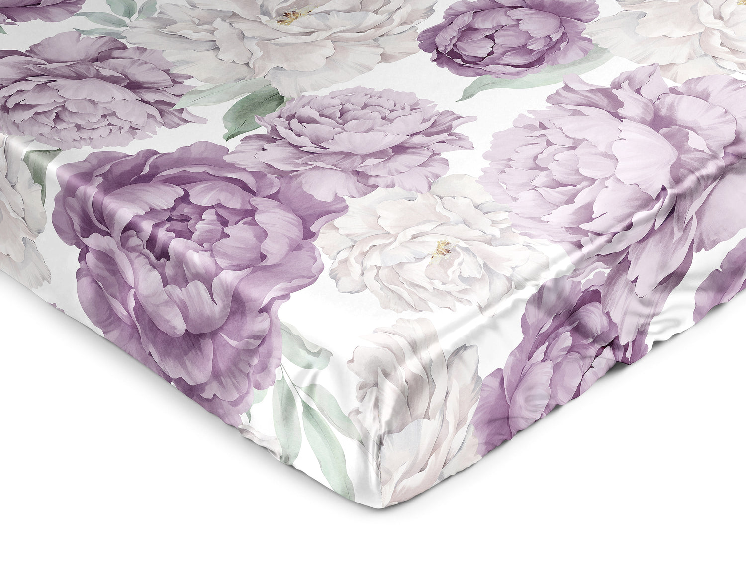 Peony Floral Garden Lavender Purple and Ivory Collection Satin Fitted Crib Sheet