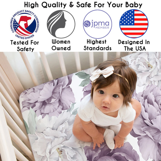 Peony Floral Garden Lavender Purple and Ivory Collection 3 Pack Crib Sheets