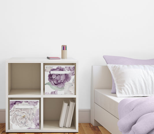 Peony Floral Garden Lavender Purple and Ivory Collection Foldable Fabric Storage Bins