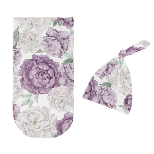 Peony Floral Garden Lavender Purple and Ivory Collection Baby Cocoon and Beanie Hat - 2 Piece Set