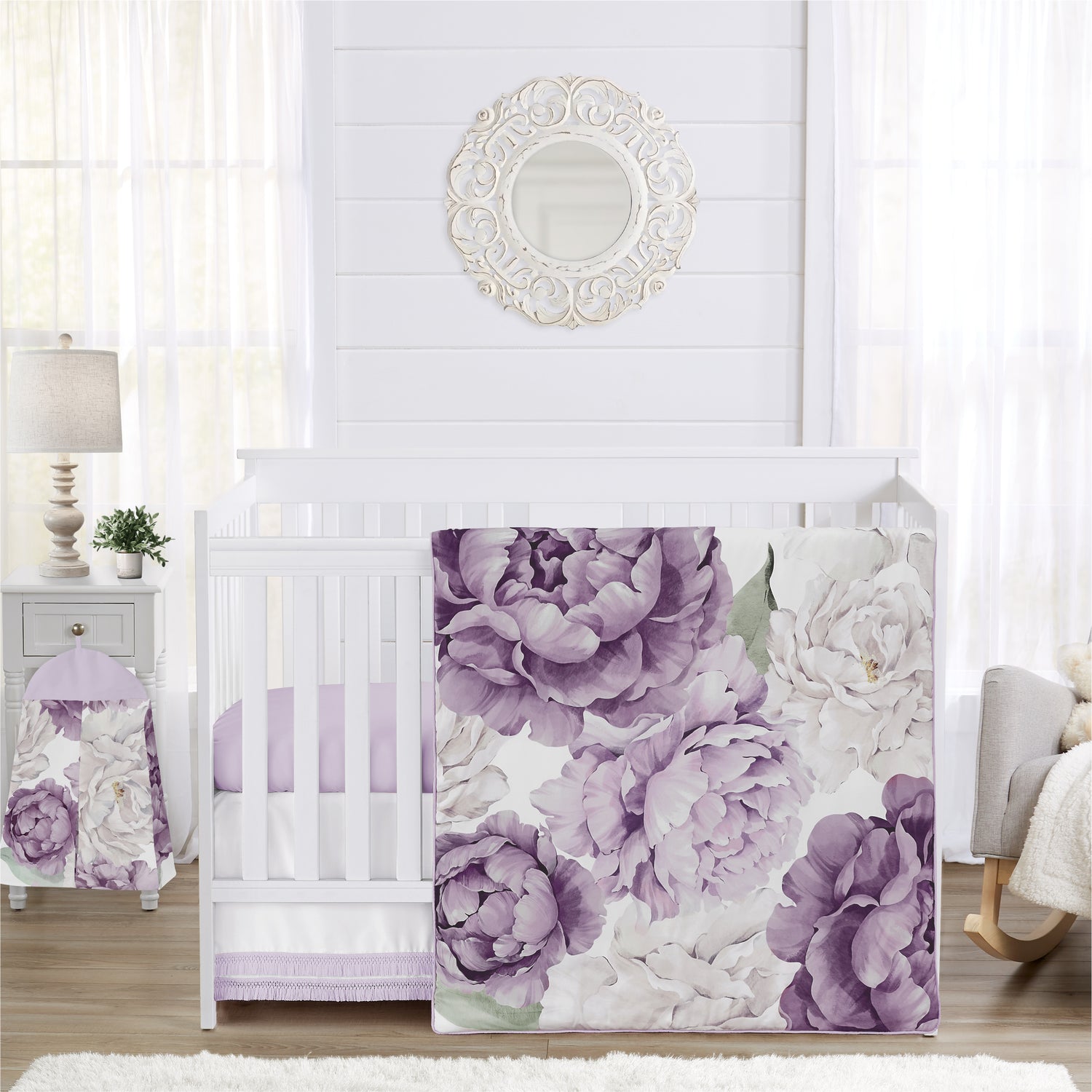 Peony Floral Garden Lavender Purple and Ivory Collection 4 Piece Crib Bedding