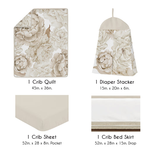 Peony Floral Garden Taupe and Ivory Collection 4 Piece Crib Bedding