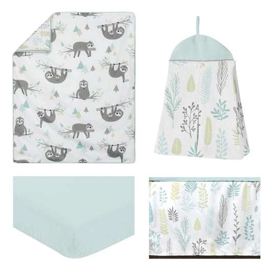 Sloth Aqua And Grey Collection 4 Piece Bumperless Crib Bedding