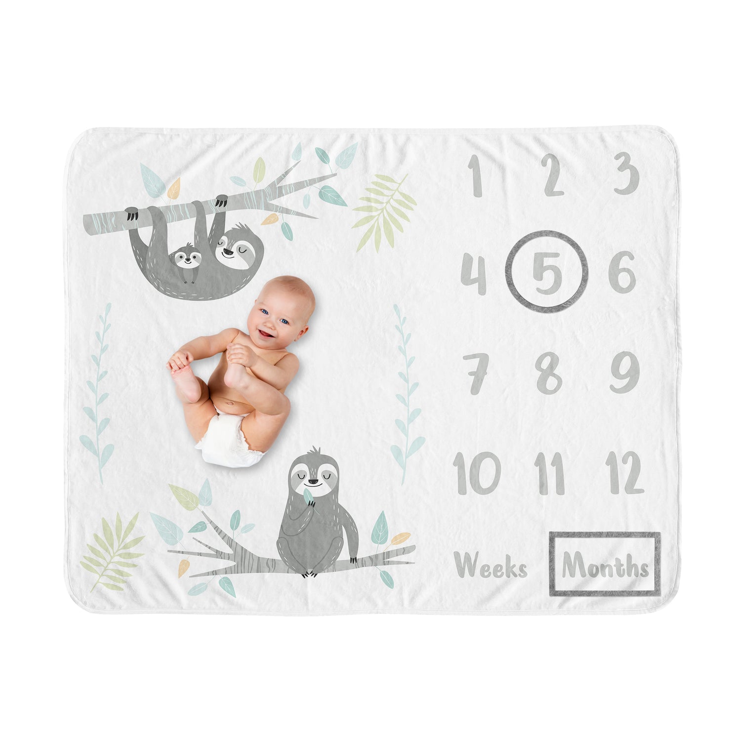 Sloth Aqua And Grey Collection Monthly Milestone Baby Blanket