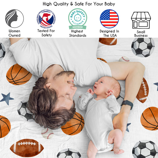 Watercolor Sports Theme 2 Pack 100% Cotton Muslin Baby Swaddle Receiving Blankets