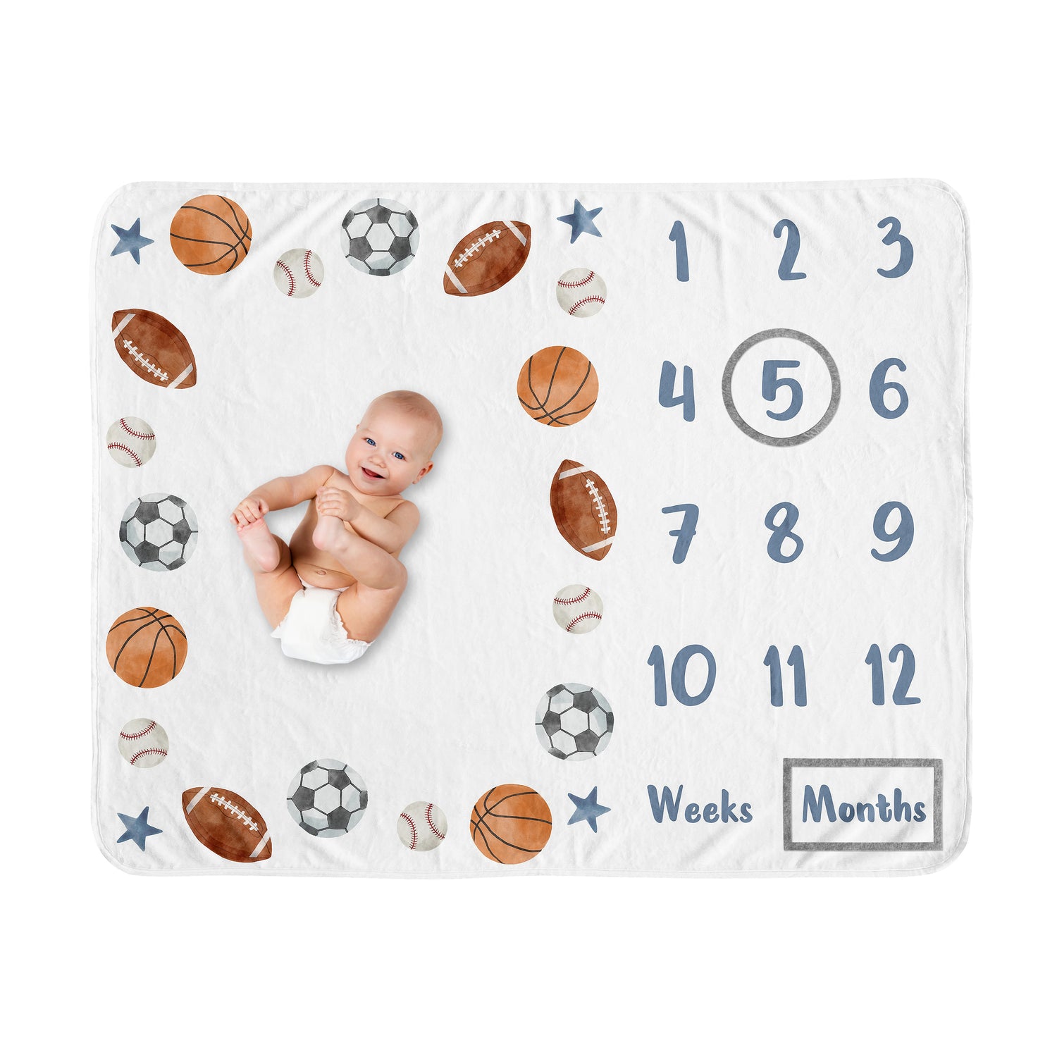 Watercolor Sports Theme Monthly Milestone Baby Blanket