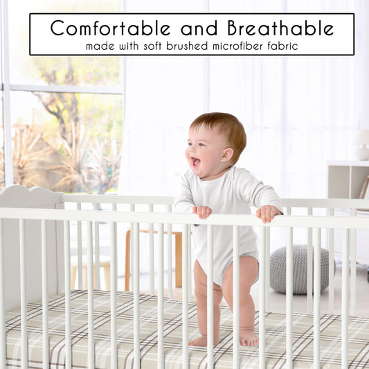 Boho Teddy Bear Collection Crib Sheet - Taupe Plaid Print